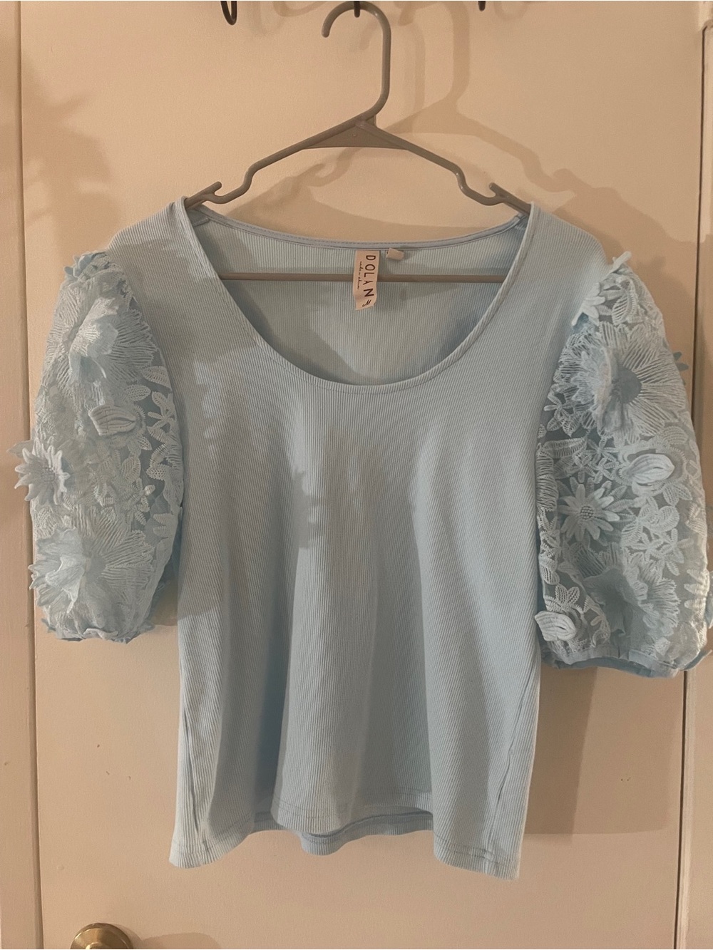 Dolan Light Blue Floral Lace Puff Sleeve Ribbed Top | M/L Boutique Romantic - Picture 2 of 9